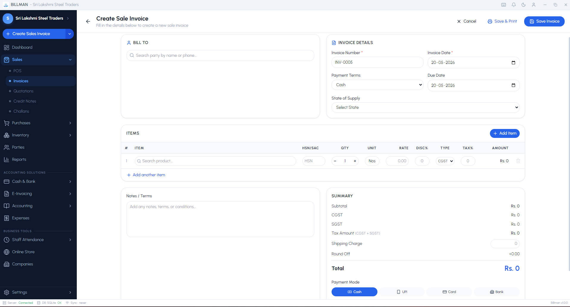 Billman create sale invoice screen with items, tax summary and payment options