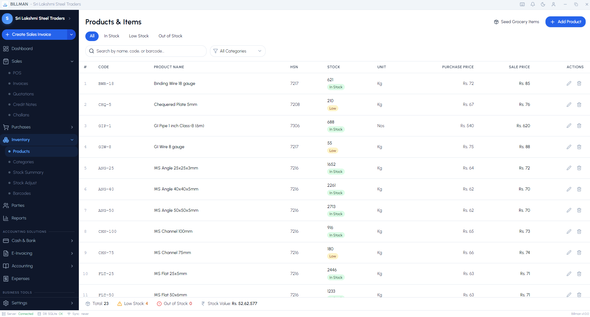 Billman products and inventory list showing live stock levels and prices